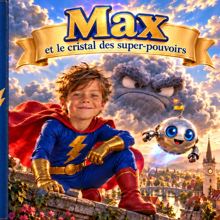Couverture du livre Max et le cristal des super-pouvoirs avec le visage de l'enfant